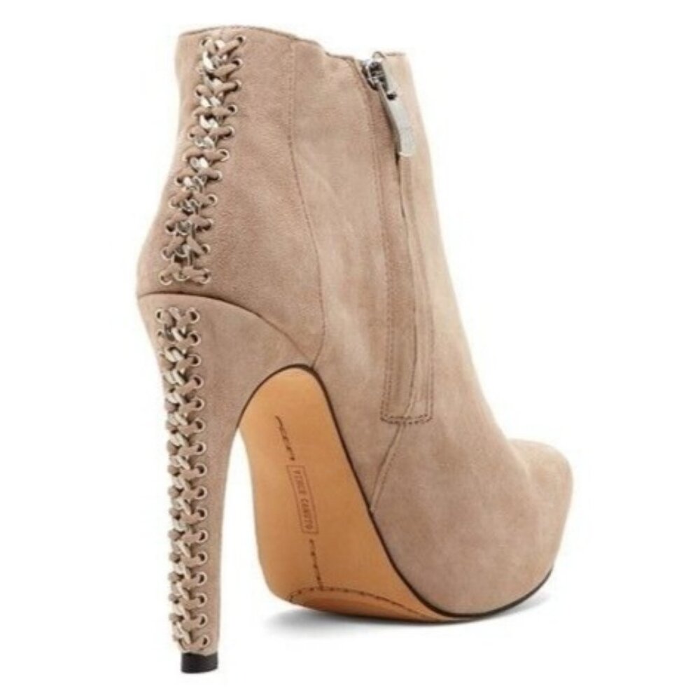 Vince Camuto Cannon Suede Platform Ankle Booties Chain Braid Detail Camel Sz 9.5